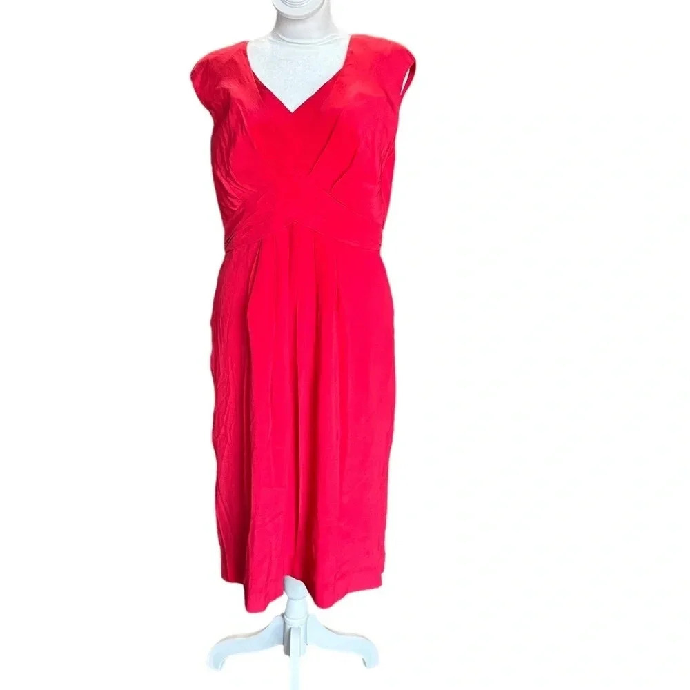Boden 100% Silk Solid Corral Pleated V Cut Sleeveless Zip Up Lined Dress Size 6
